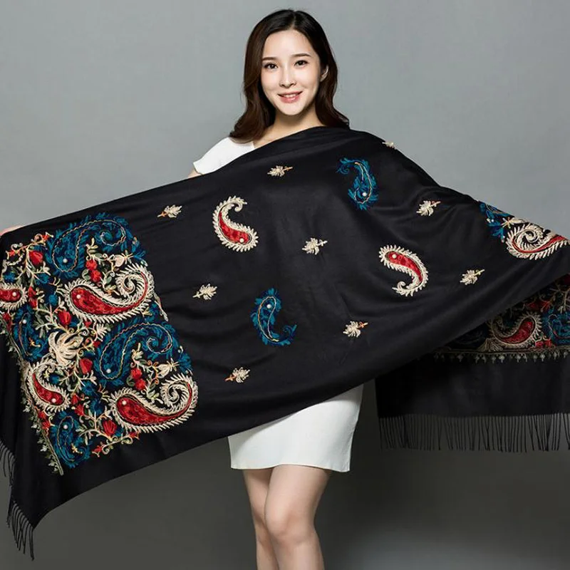 

Black Long Scarf embroidery Écharpe cashew flower scarf Châle shawl fringed scarf female fashion scarf women winter shawl