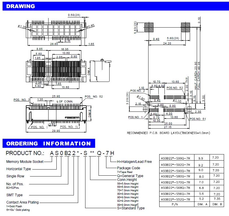 Pci-E Aansluiting AS0B221-S52Q-7H Pcie H 2. 2. 52P H = 5.2 Kaartsleuf