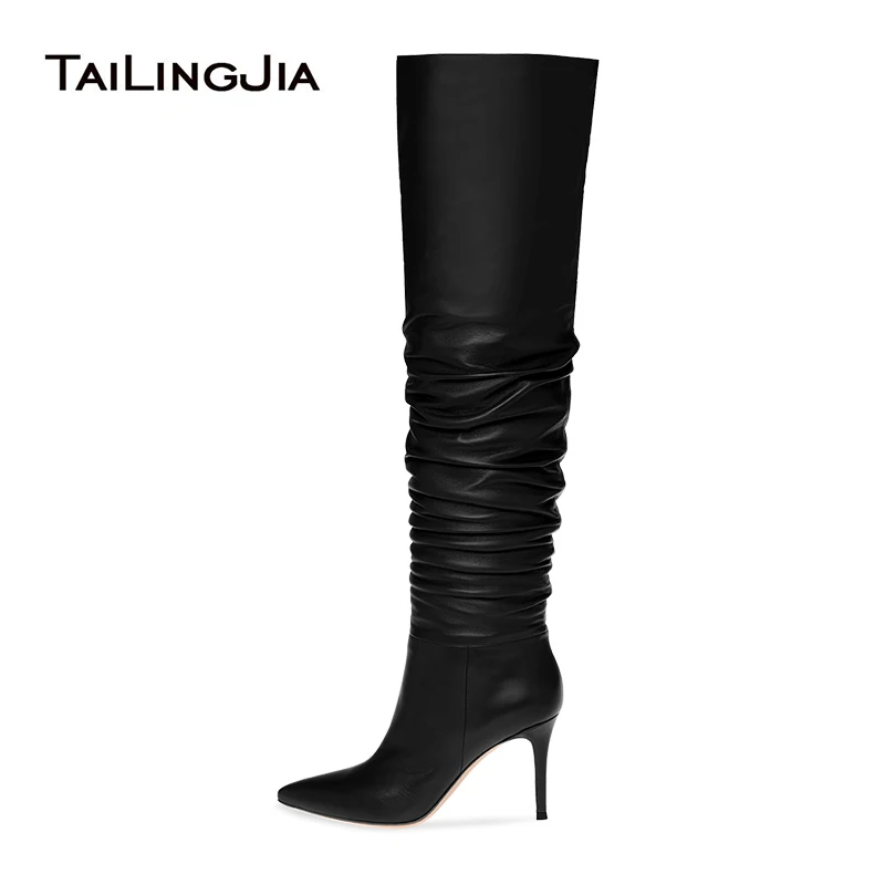 

Black Thigh Boots Women Over Knee Slouch Boots 2021 Ladies Pointed Toe High Heel Long Tall Boot Woman Winter Shoes Large Size