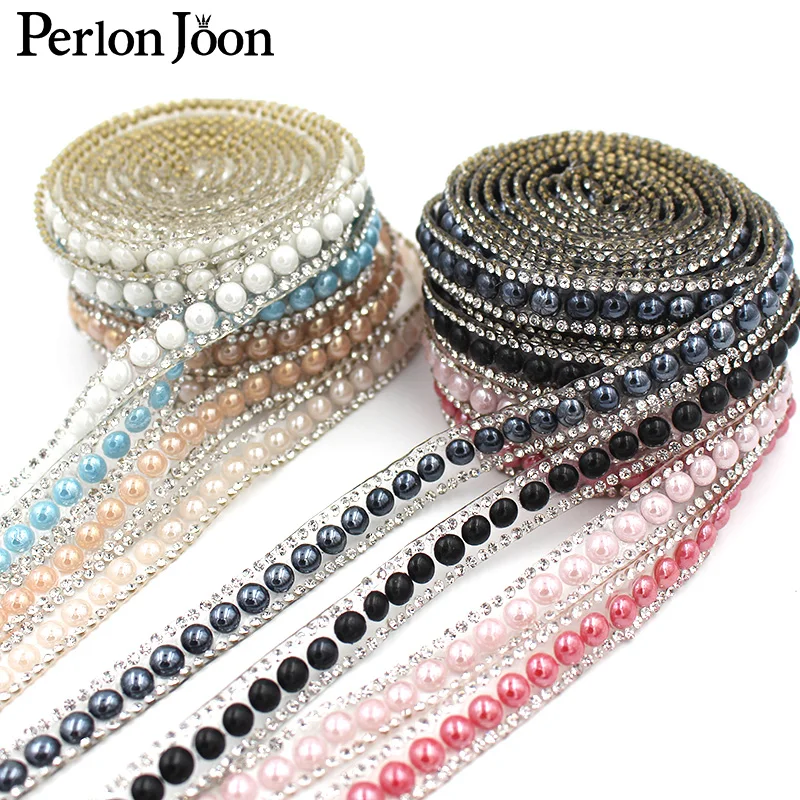 1 yard classic color pearl rhinestone hot fix tape ribbon crystal rhinestone decoration iron on shoes clothing accessories TR125