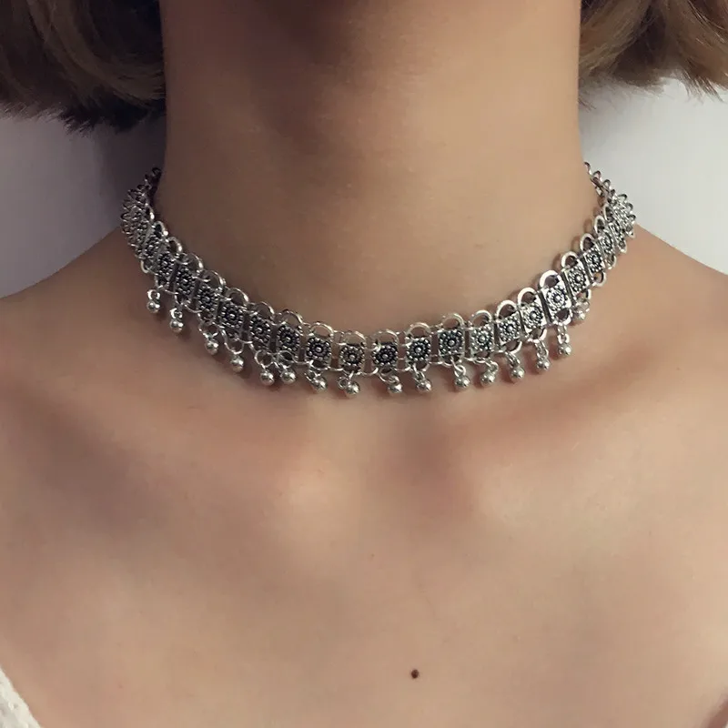 Turkish Vintage Silver Color Bib Statement Choker Necklace Bells Tassel Neclace Ethnic Tribal Gypsy Women Fashion Jewelry