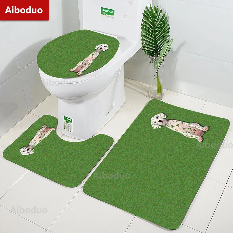 

Aiboduo 3pcs/set Toilet Lid Cover Set Cute Dalmatian Non Slip Carpet Bath Mat Green Absorbent Warm Home Decoration Restroom Rug