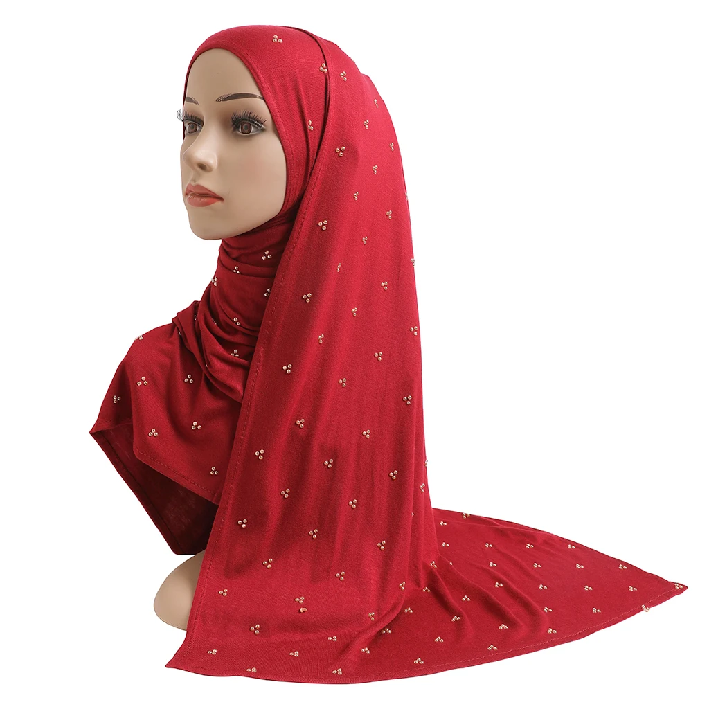 H201 High Quality Soft Cotton Jersey Scarf With Beadings modal headscarf women\'s hijab islamic female shawl Lady Bonnet headwrap