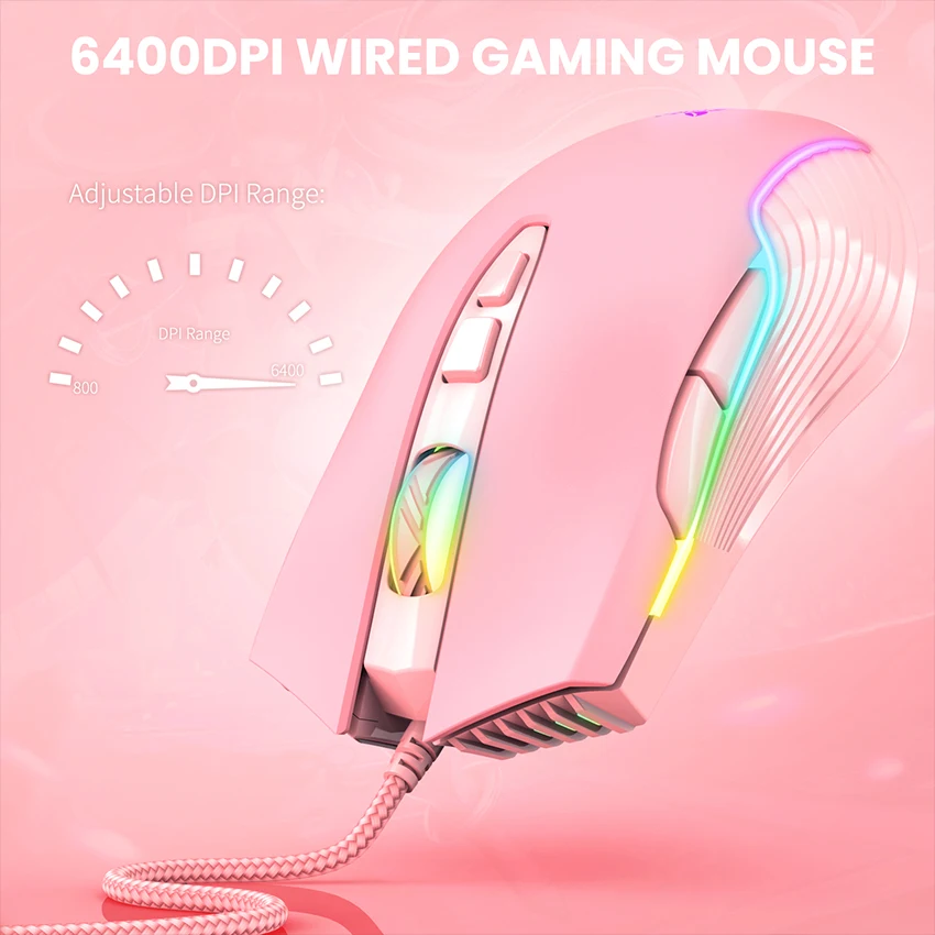 ONIKUMA-ratón con cable USB para juegos, Mouse ajustable de 6400 DPI, RGB luminoso, con 7 botones y luz LED de respiración, adecuado para jugadores