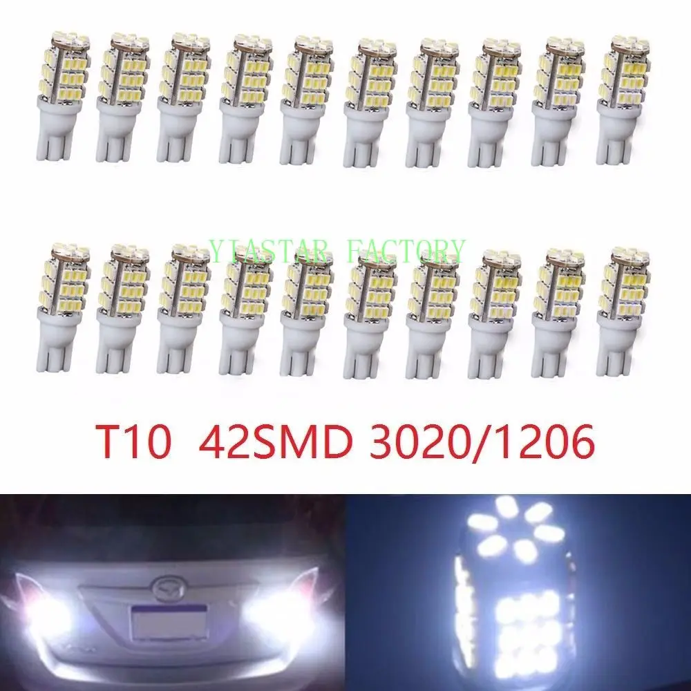 Yiastar 100Pcs Car LED Super Bright T10 W5W 42 SMD 1206 3020 Turn Side License Plate Light 2825 2827 158 168 194 Auto Bulb DC12V