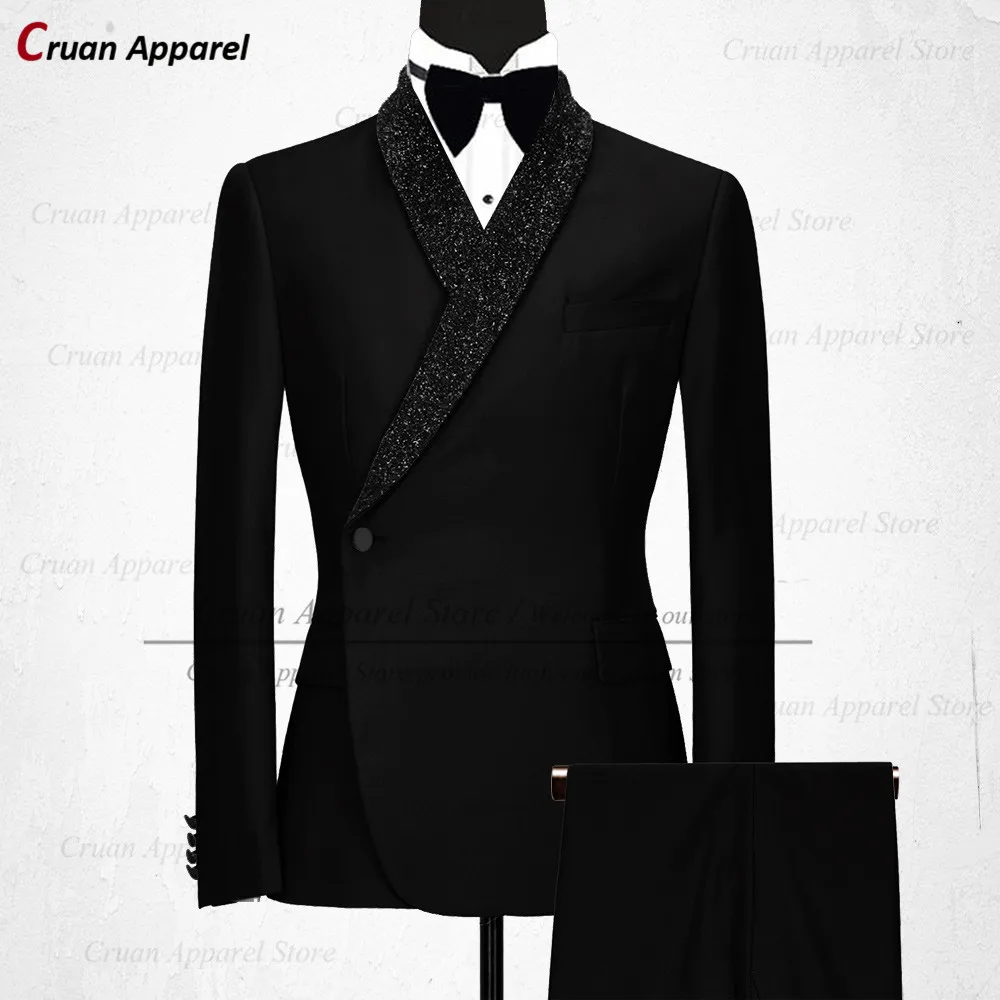 

Luxury Formal Black Wedding Men Suit Set Slim Fit Groomsmen Groom Tuxedo White New Designs Shiny Shawl Lapel Blazer Pants 2Pcs