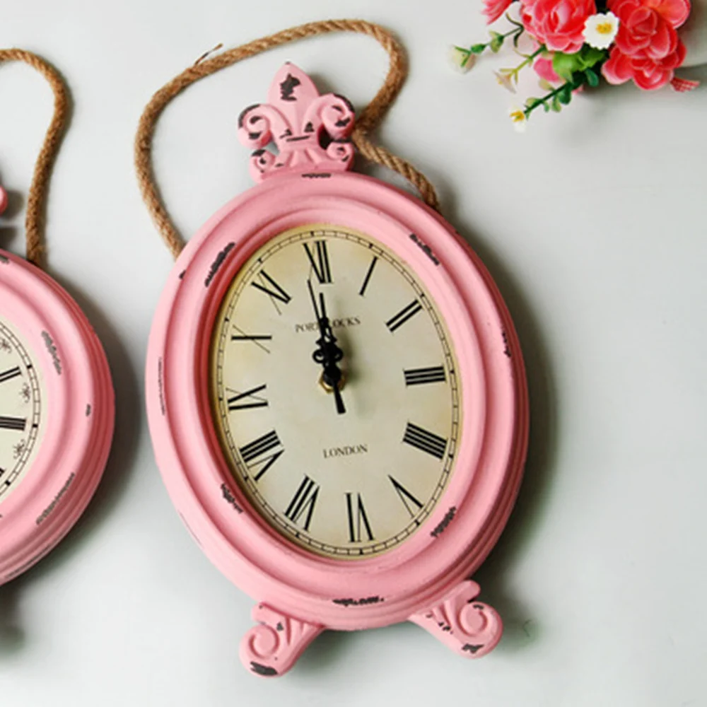 Nordic Nostalgic Hemp Rope Wall Clock Pink Retro Round Wooden Get Old Paint Drop Hanging Small Clocks Home Decoration Crafts