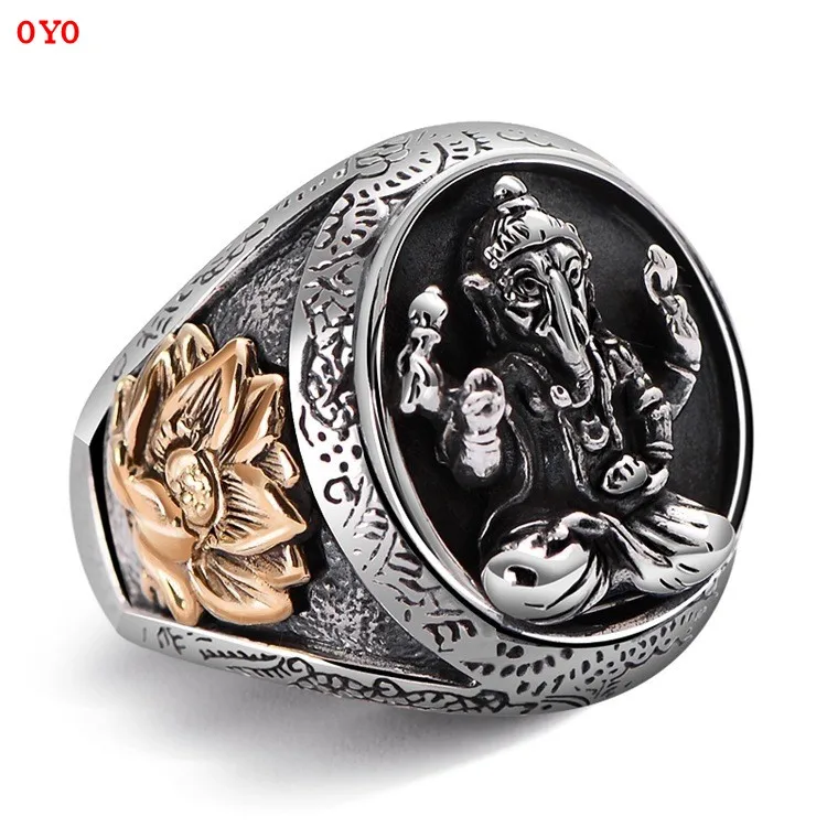 

100%925 sterling silver jewelry Thai silver elephant nose Fortuna Lotus men's lucky ring