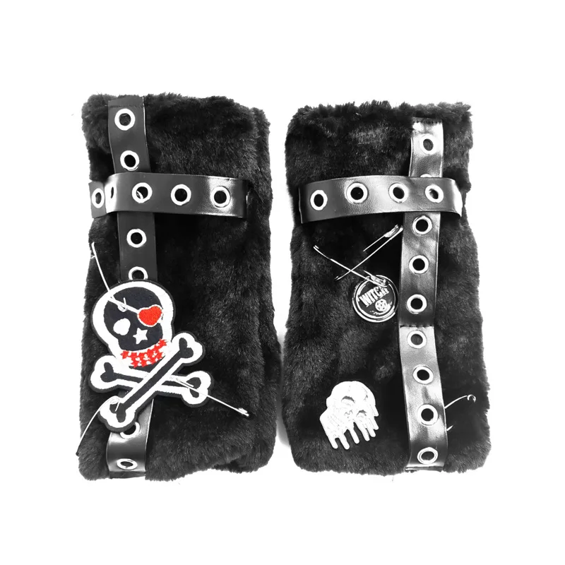 Black Fuzzy Skull Cross Luvas de couro para meninas, Mangas de braço de dedos japoneses, Luvas de inverno quente, novo, design original, Harajuku,