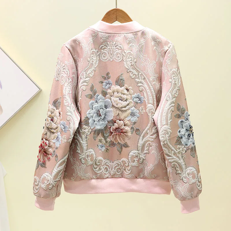 Luxury Palace 3D Jacquard Heavy Flowers Embroidery Baseball Uniform Diamonds Jacket Women Beaded Zipper Cardigan Loose Crop Tops