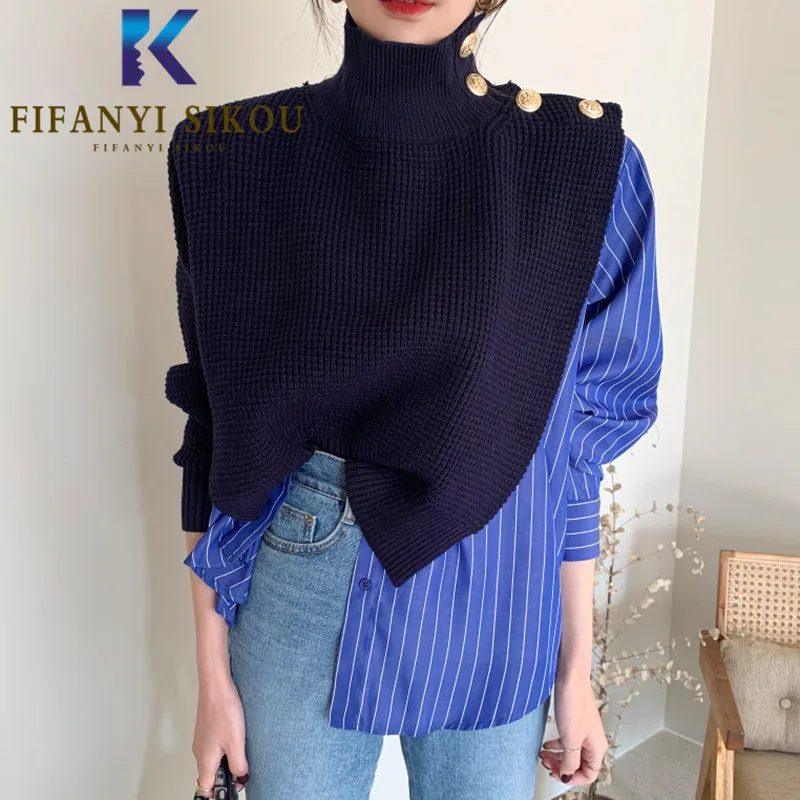 

Autumn Women Turtleneck Knitted Sweater Fashion Stripe Spliced Long Sleeve Pullover Female Patchwork Sweaters Loose Tops Jumpers