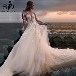 Country Boho Wedding Dress 2022 Illusion Long Sleeves Lace Gown Wedding Gowns Boho Bridal Dress Robe De Mariage Customized