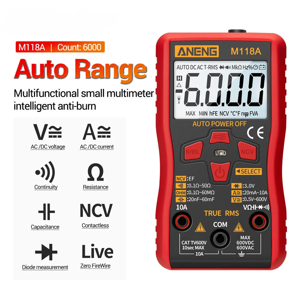 ANENG M118A Digital Mini Multimeter Tester Auto Mmultimetro True Rms Tranistor Meter with NCV Data Hold 6000counts Flashlight