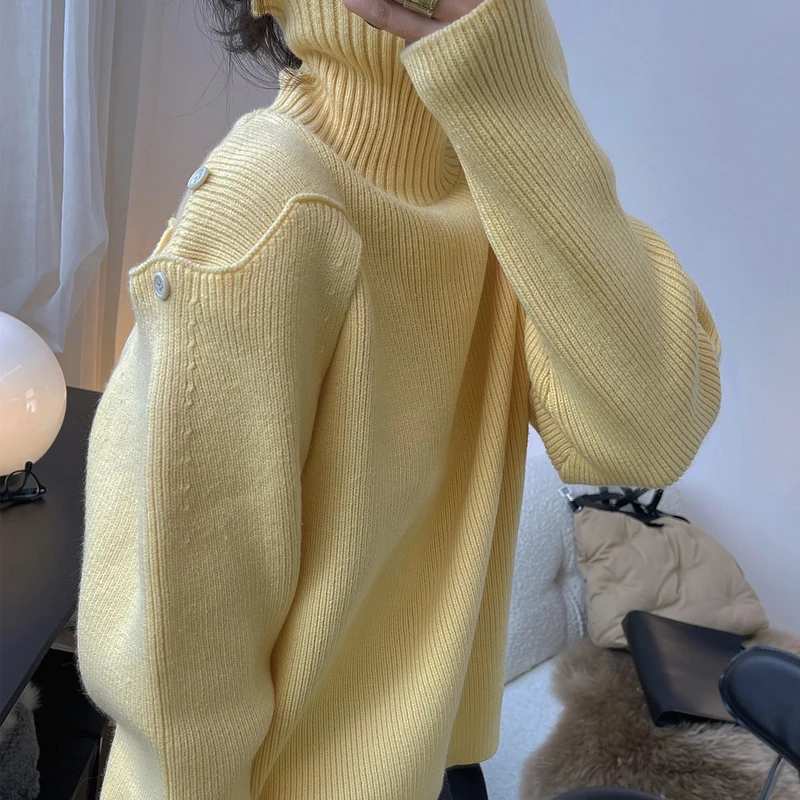 Winter women\'s casual solid color high-neck long-sleeved loose sweater