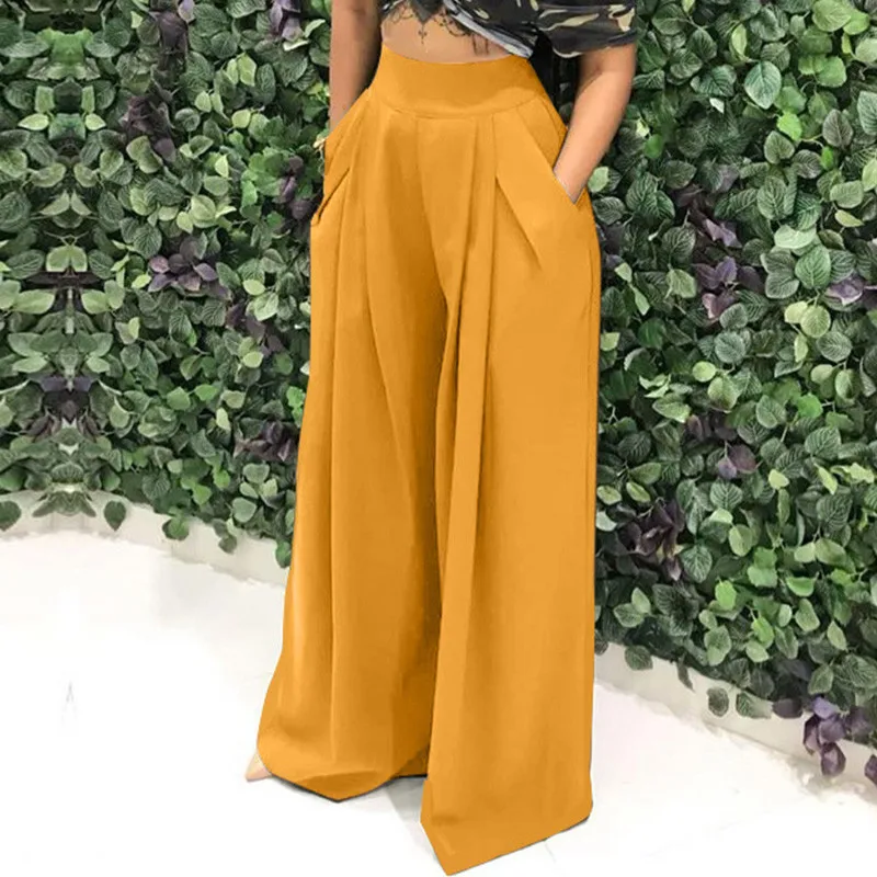 Women Casual Loose Palazzo Pants Autumn High Waisted Wide Leg Trousers Pleated Long Culottes Pants Elastic Waist Trouser Pockets