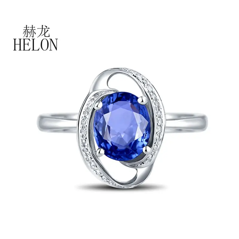 HELON Solido 18k Oro Bianco AU585 Ovale 7x5mm Naturale Blu Zaffiro e Diamanti di Fidanzamento di Cerimonia Nuziale Delle Donne tredny Gioielleria Raffinata Anello