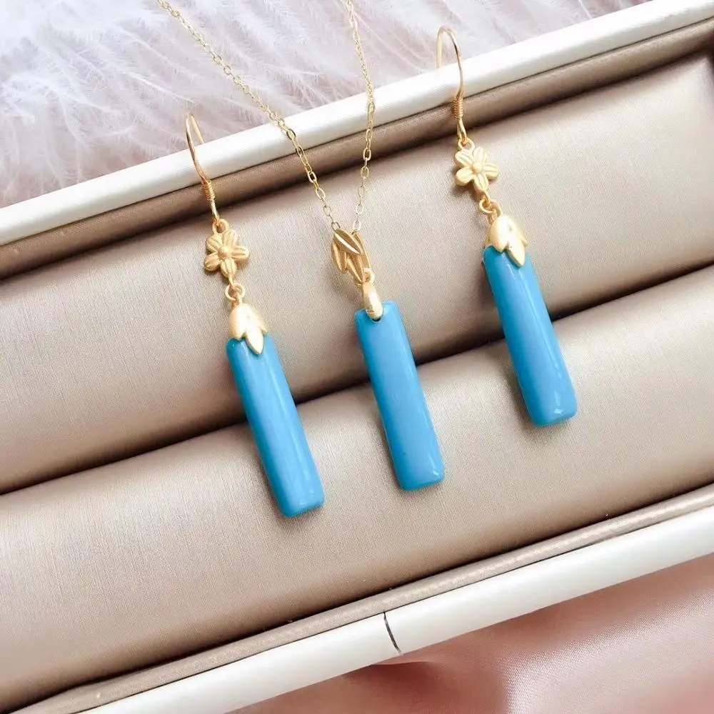 KJJEAXCMY fine jewelry natural Blue Turquoise 925 sterling silver women pendant necklace earrings set support test beautiful