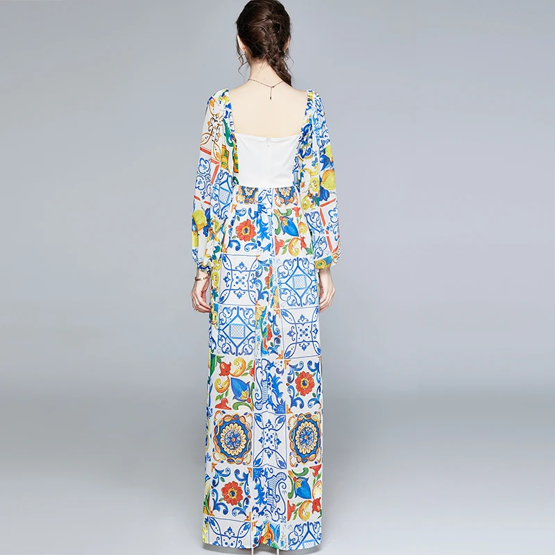 New Autumn Women Strapless Long Lantern Sleeve Backless Sexy Split Party Dress Runway Blue and White Porcelain Flower Maxi Dress