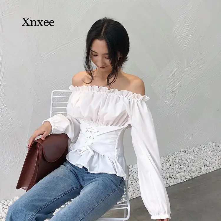 Sexy Style Off Shoulder Club Fashion Brand Chic Blusas Mujer De Moda Lace Up Slash Neck Women Shirts Crop Top Ladies Tops New