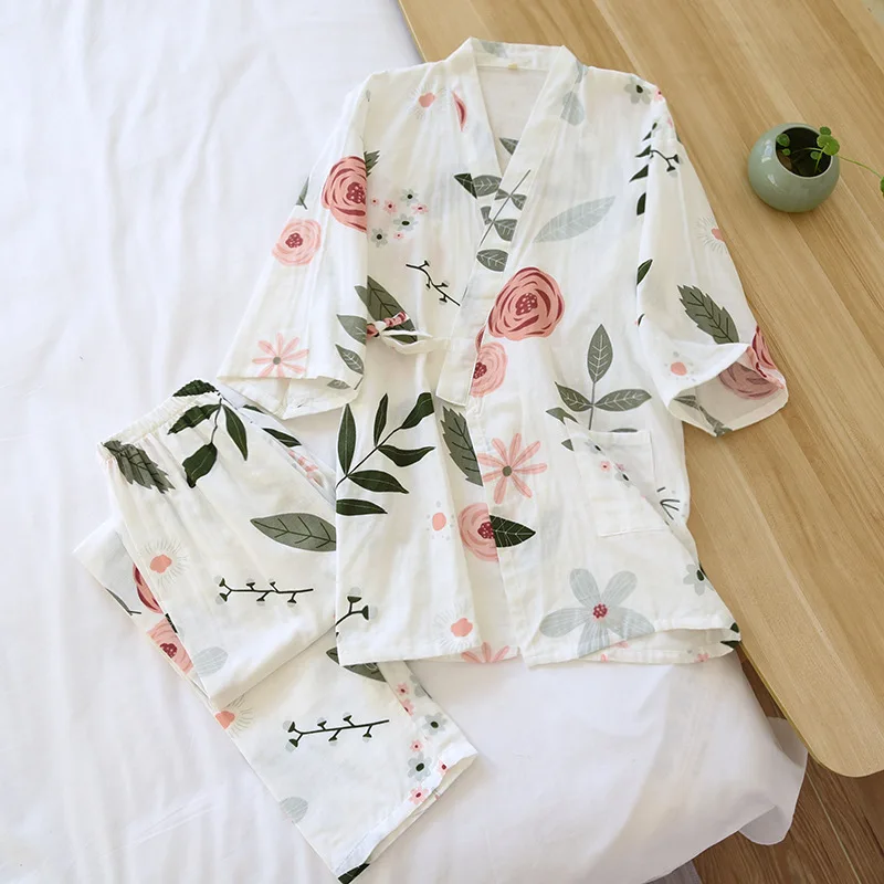 2024 new Japanese kimono suit pajamas spring and summer ladies cotton three-quarter sleeves big flowers home clothes thin loose