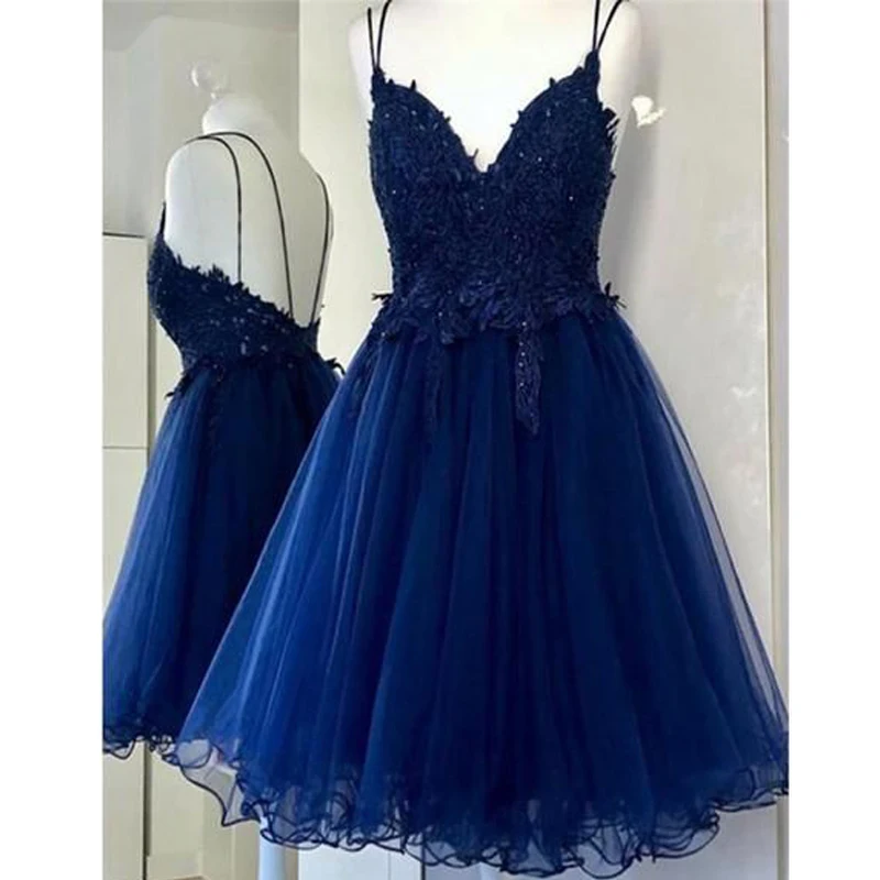 Sexy real vestidos azules para reunión de ex alumnos sin mangas una línea de vestidos de encaje de cordón Mini vestidos de fiesta de graduación vestidos