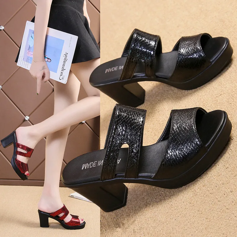 Fashion Women Summer Sandals Slippers Women Leather Sexy High Heel Black Open Toe Slip On Sandals Female Party Shoes