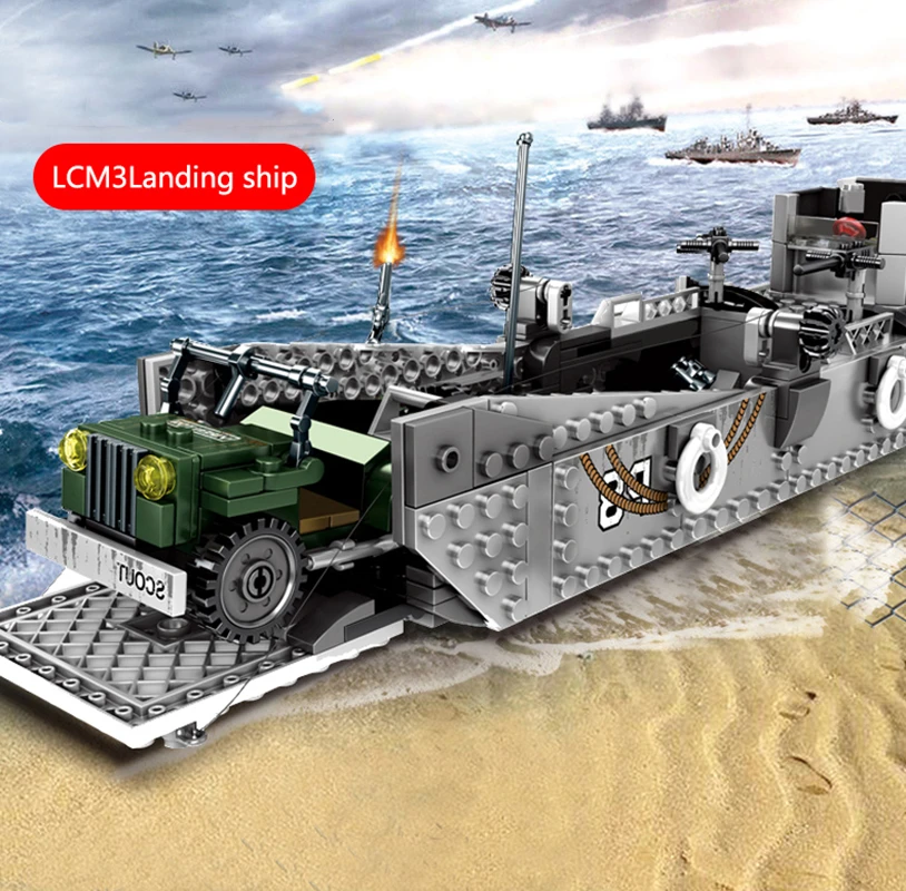 New Military World War 2 Army Landing Craft Mechanized LCM3 Weapon Building Blocks Kit Bricks Classic WW II Model Toys Boys Gift