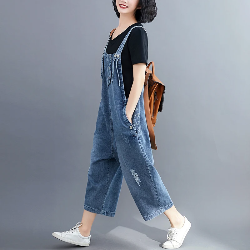 Loose Oversized Jeans Overalls For Women Wide Leg Plus Size Denim Jumpsuit Pockets Ripped Bib Baggy Pants Double Straps Rompers