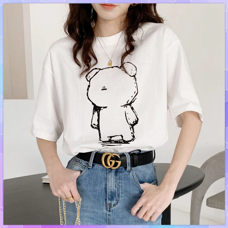 Lovely Bear Cartoon Printed Oversized T-shirt Women short sleeve T-shirts White Cotton Top 2021 Summer Korean Loose  Thin Tops