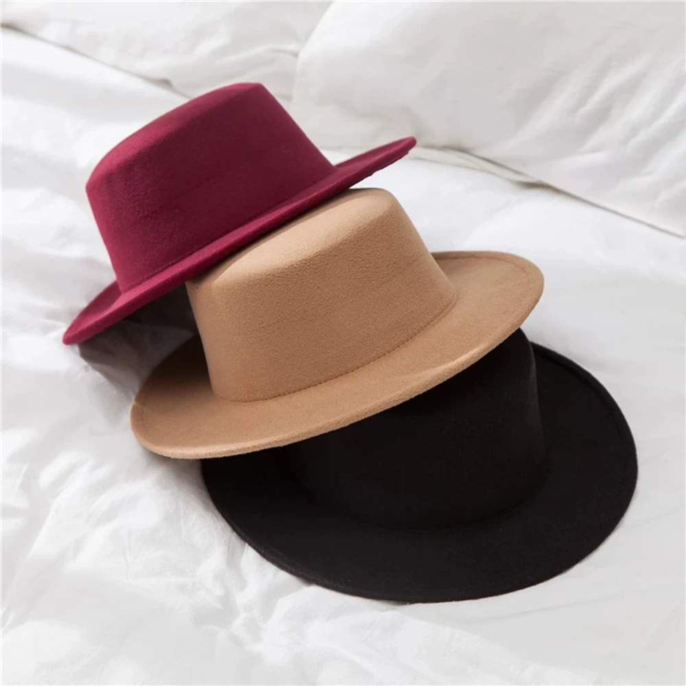 New Classic Solid Color Felt Fedoras for Men Women Artificial Wool Blend Jazz Cap Wide Brim Simple Church Derby Flat Top Hat