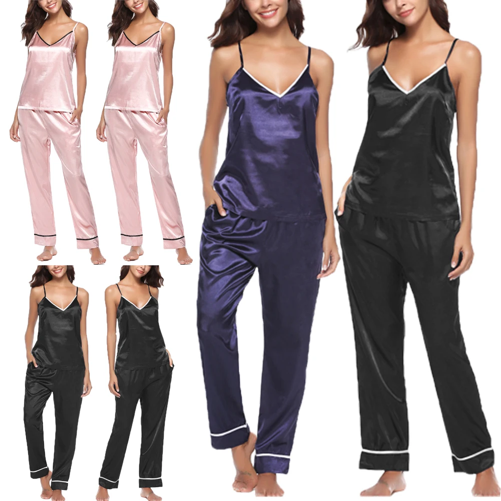 

New Trendy 2PCS Women Lady Silk Satin Pajamas Set Pyjama Sleepwear Loungewear Homewear Sleeveless Top+Pant Sleepwear Nightwear