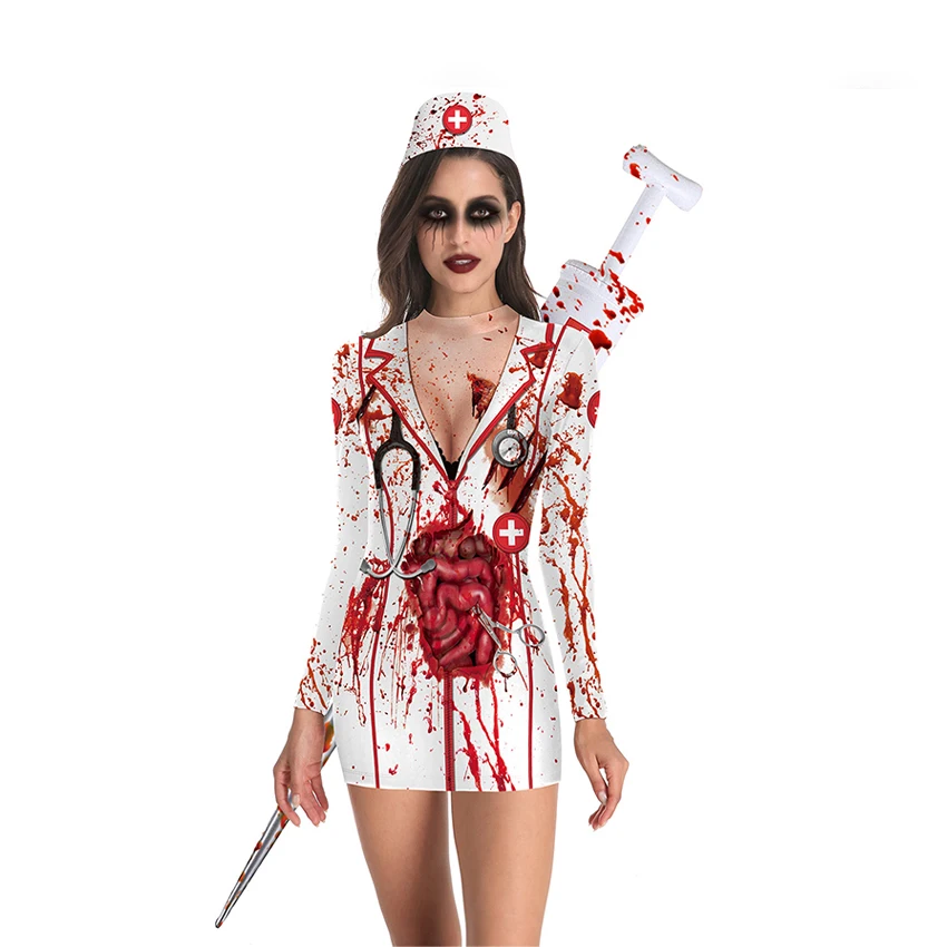 Scary Nurse Dress Bloody Women Skeleton Skull Horror Terror Halloween Costume for Women Ghost Carnival Masquerade Disguise