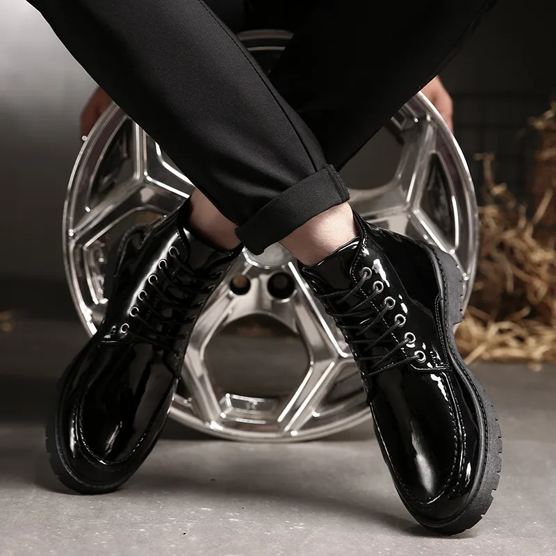 New Patent Leather Boots Men British Style Gothic Ankle Boots Punk Men Black Motorcycle Oxford Boots Thick Sole High Top Shoes