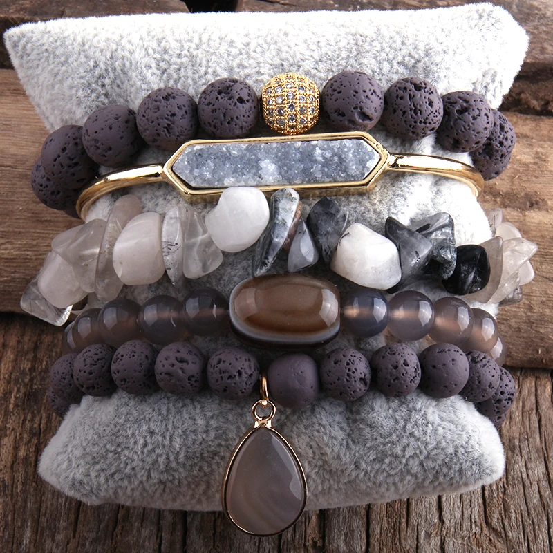 RH Fashion Boho Jewelry Lava Stone 5pc Bracelets Sets For Women Bohemian Gift DropShip