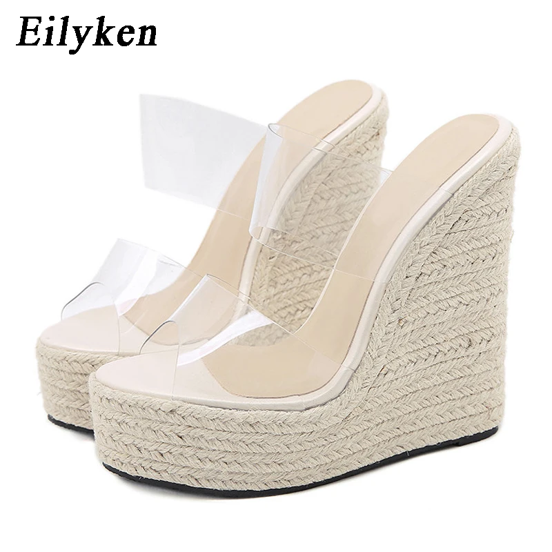 Eilyken Summer PVC Transparent Peep Toe Cane Straw Weave Slippers Platform Wedges Sandals Women Fashion High Heels Female Shoes