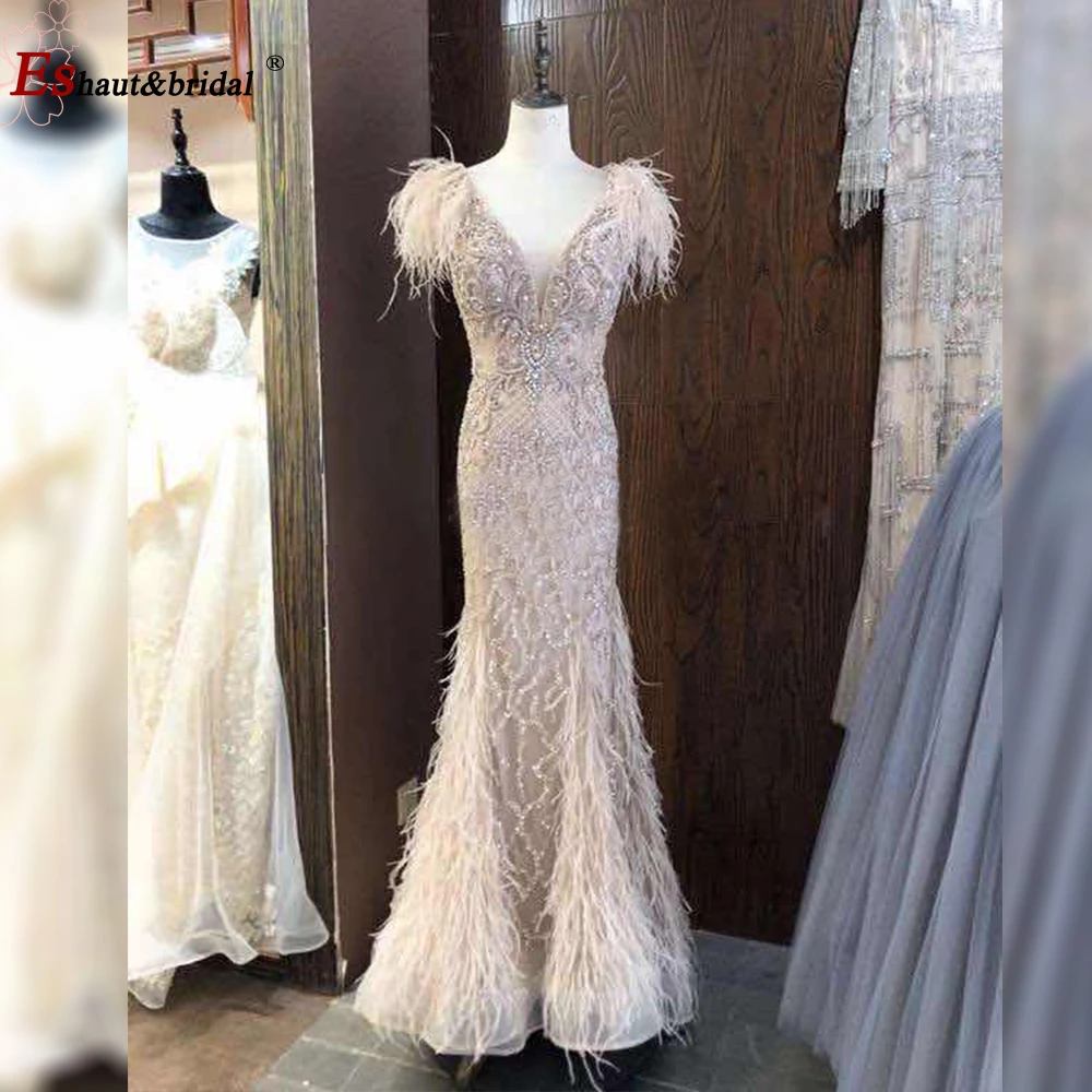 Luxury V-Neck Mermaid Evening Night Dresses for Women 2023 O Neck Feather Sequin Beads Handmade Formal Wedding Prom Party Gowns