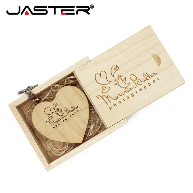 JASTER USB 2.0 Flash Drives Promotion Wooden 1 PCS Free Logo Heart Shape Real Capacity 4GB 8GB 16GB 32GB 64GB