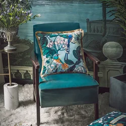 DUNXDECO Cushion Cover Decorative Pillow Case Artistic Antique Forest Bird Flora Luxury Velvet Tassel Sofa Chair Bedding Coussin