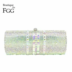 Boutique De FGG Luxury Women Silver Crystal AB Evening Bag Metal Minaudiere Clutch Handbag Wedding Party Cocktail Diamond Purse