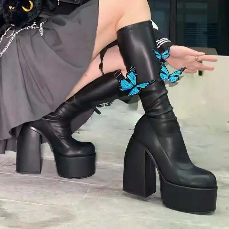 Punk Style Platform Boots Elastic Microfiber Shoes Woman Spice Ankle Boots High Heels Black Thick Platform Long Knee High Boots