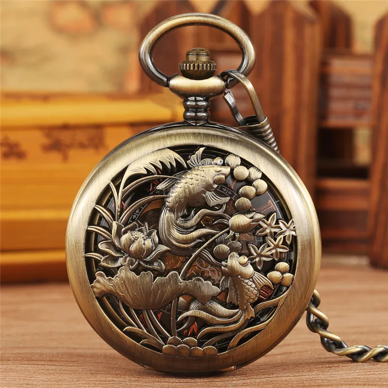 

Bronze Hollow Out Fishes Case Unisex Handwinding Mechanical Pocket Watch Pendant Chain Clock Roman Number Dial Reloj Gift