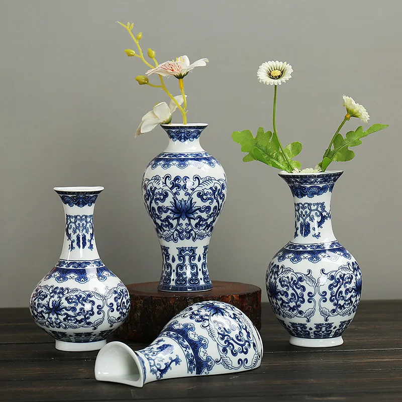 Vase small mouth porcelain blue and white porcelain vase mini water culture retro flower insert wall insert ornament tea ceremon