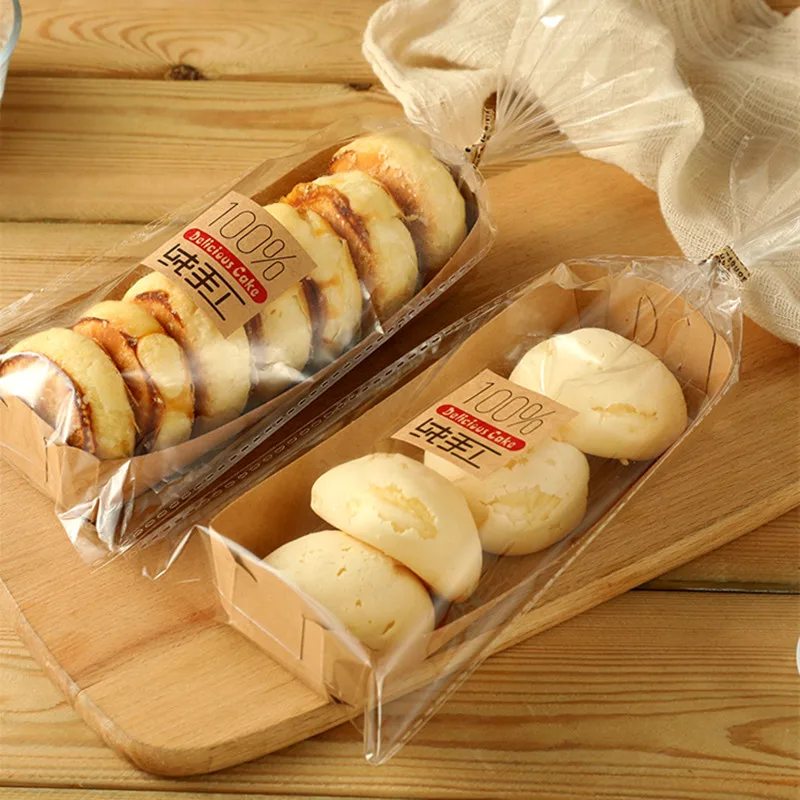 100pcs Net red ship type coated kraft paper sandwich hot dog mini burger cake roll bread paper tray packaging box with clear bag