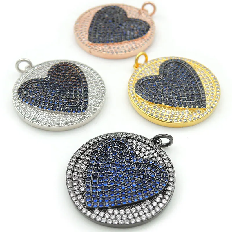 

25*25*3mm Micro Pave Clear&Blue CZ Round Charm With Heart Relief Fit For Men Or Women Making Necklaces Jewelry