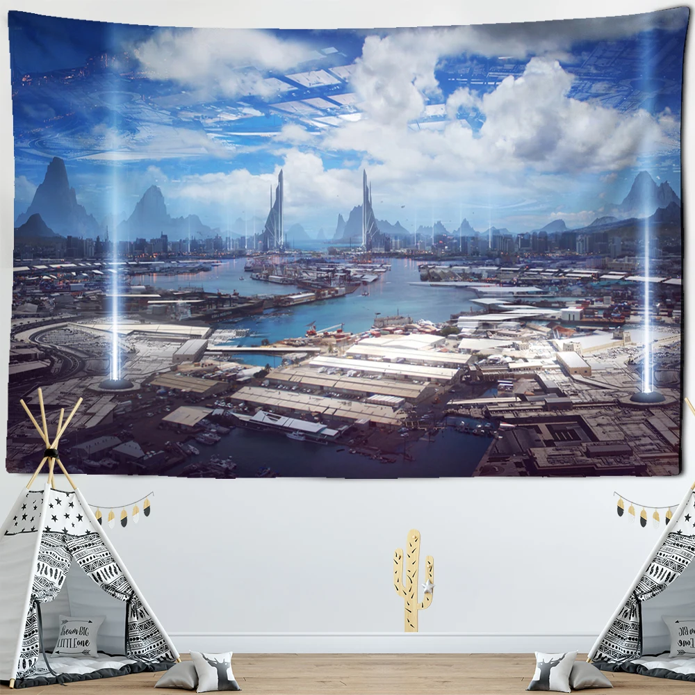 Future Industrial Building Tapestry Wall Hanging Science Fiction Mystery Bohemian Art Bedroom Home Decor Background Cloth