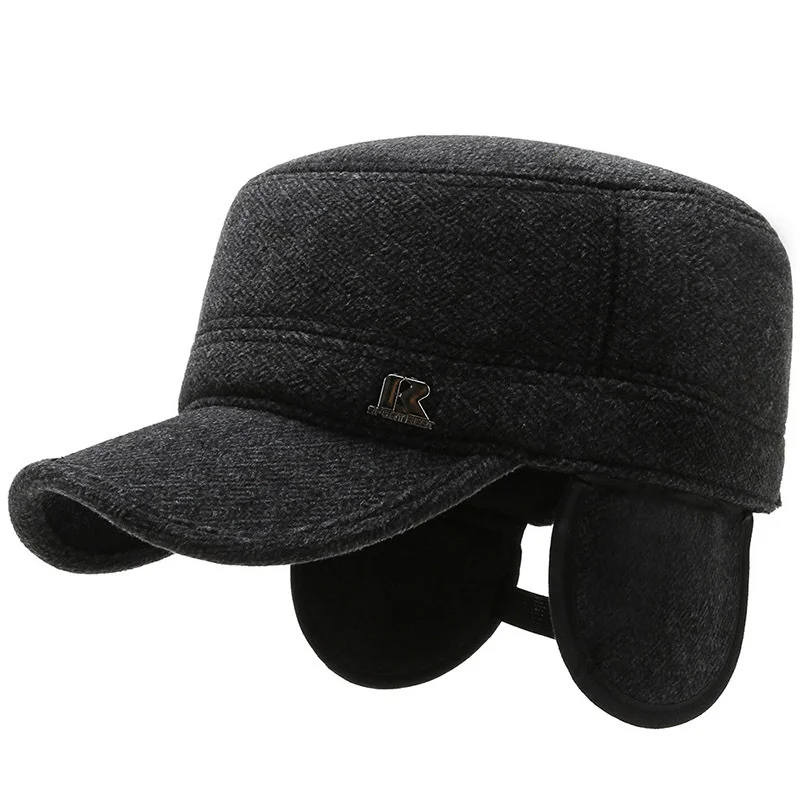 Snapback Cap Winter Earmuffs Caps Men\'s Flat Cap Warm Army Military Hats For Men Adjustable Size Thick Woolen Tongue Cap Dad Hat