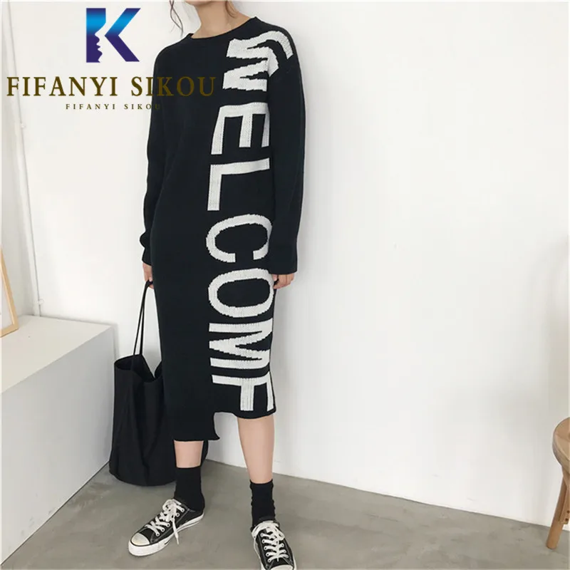 

Black Knitted Sweater Dress Women Letter Embroidery Fashion O-Neck Long Sleeve Dresses Autumn Winter Thick Warm knit Long Dress