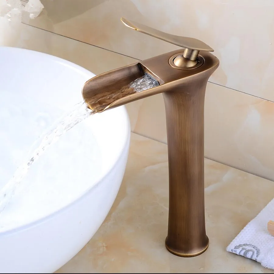 

Vidric Tall Basin Faucets Waterfall Bathroom Faucet Single handle Basin Mixer Tap Bath Antique Faucet Brass Sink Water Crane Sil