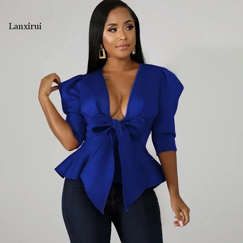 Spring Women Deep V Neck Ruffle Bow Blouse Bandage Casual Puff Sleeve Cropped Blouses Shirt Elegant Office Lady Top