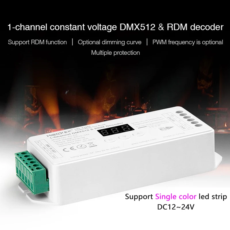 

Декодер DMX512 с постоянным напряжением 1 канала и поддержкой функции RDM может использоваться с DMX512 Master для одноцветной светодиодной ленты постоянного тока 12 В 24 В